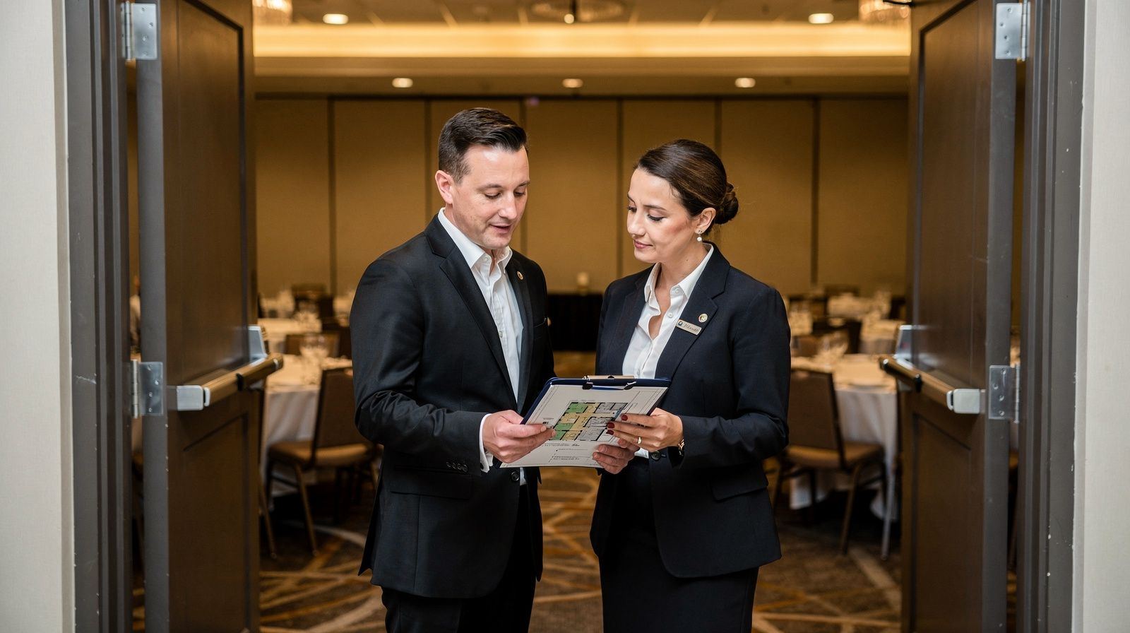 Two event professionals in conversation over a floor plan at the entrance doors of an empty ballroom, one in a black suit and one in a venue manager blazer.
