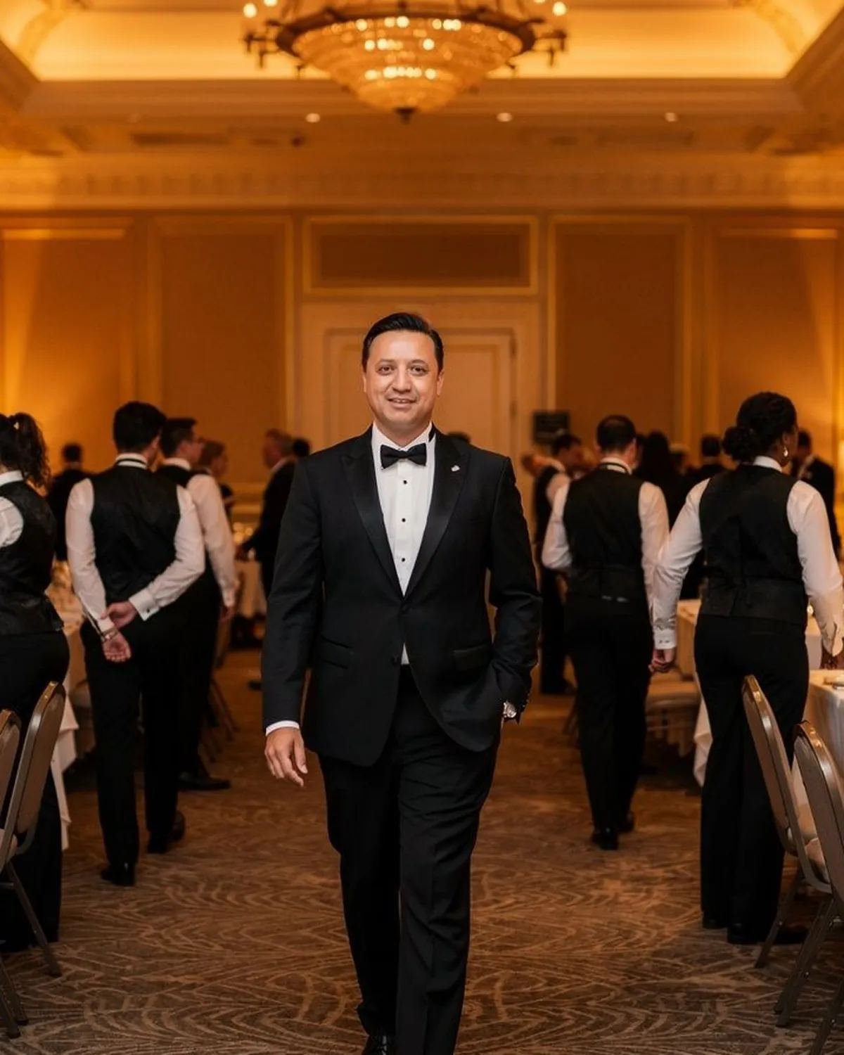 Banquet captain in a black tuxedo leading a brigade of servers in black vests down the central aisle of an elegant hotel ballroom.