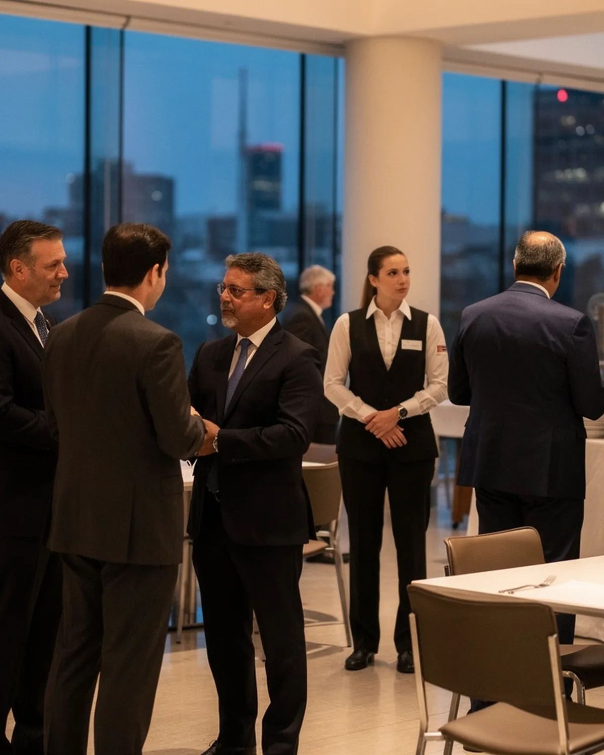 Business guests in conversation at a corporate reception in a modern glass-walled venue while professional event staff in black service attire attend the room.