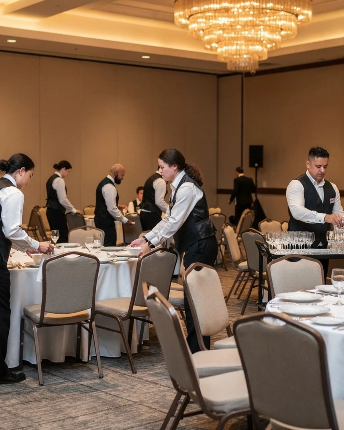 Banquet crew during setup in a hotel hall: servers in black vests aligning chairs around empty round tables while a bartender polishes glassware on a service cart.