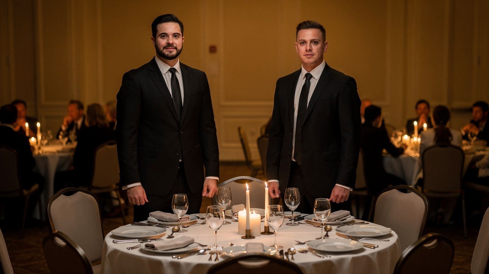 Two servers in formal black attire standing at attention beside a round table lit by short taper candles, with seated guests softly blurred behind them.